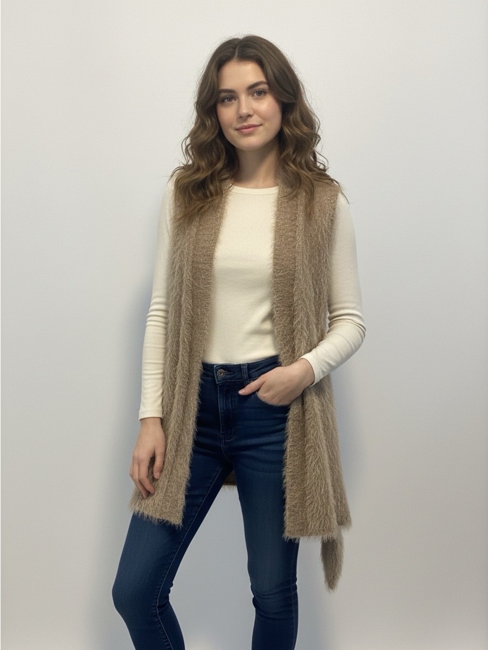 Open-Front Taupe Faux Fur Fuzzy Knit Sleeveless Cardigan Vest